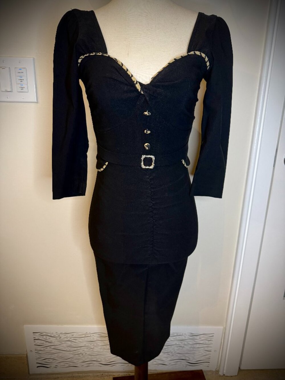 Stop Staring Midi Pinup Wiggle Pencil Black Dress w/ tan houndstooth piping - S